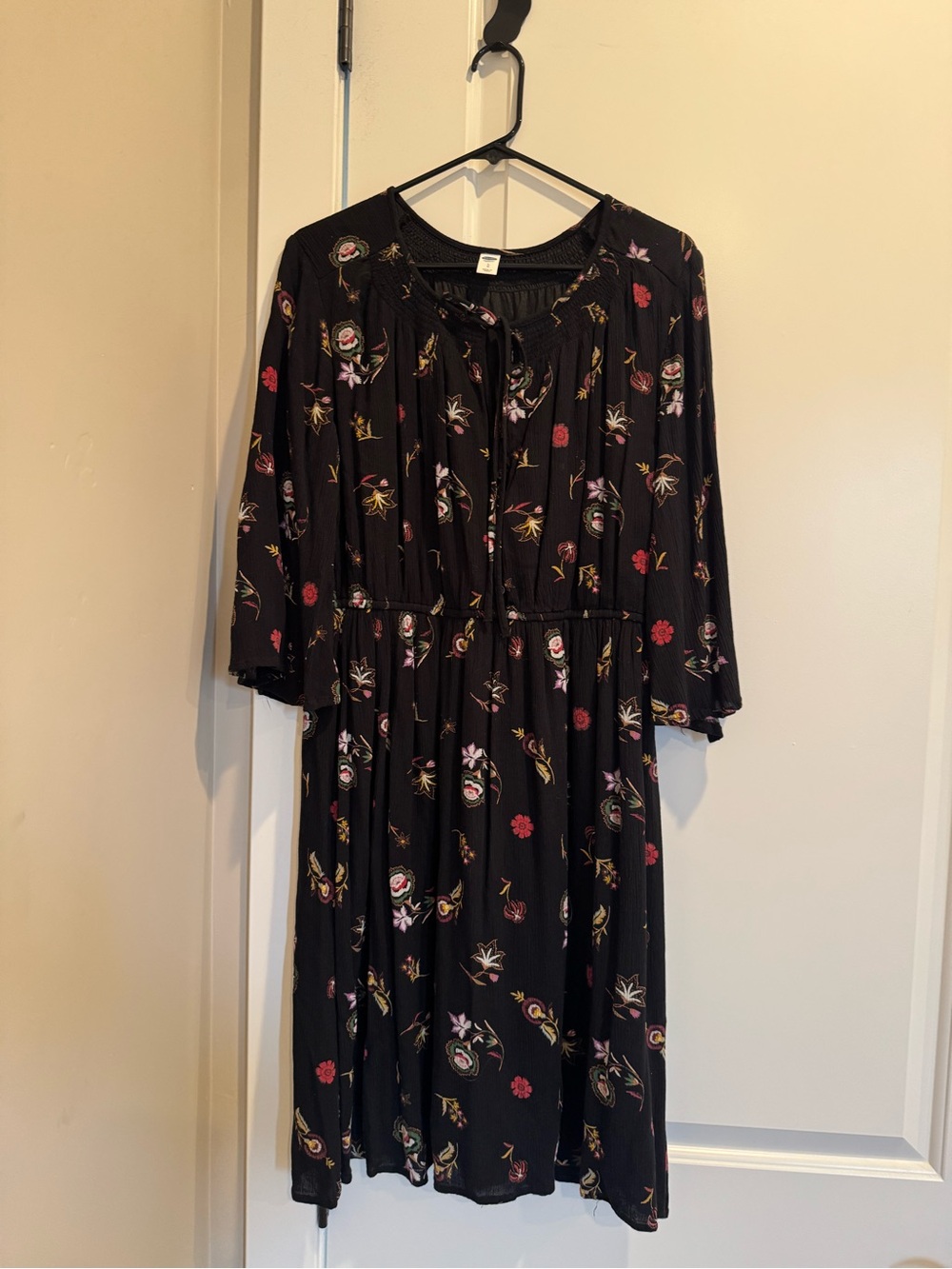 Old Navy Black Floral Tie-Neck Midi Dress with Red & Pink Accents